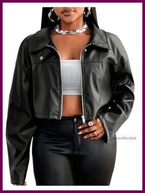 Plus Size Cropped Leather Jacket Vintage Zip Up Moto Coat Fall Outerwear